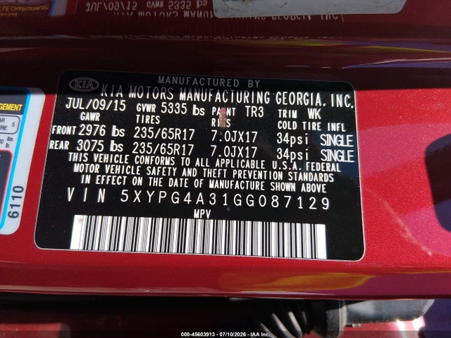 KIA Sorento 2.4l Lx 2016 5XYPG4A31GG087129 Image 9