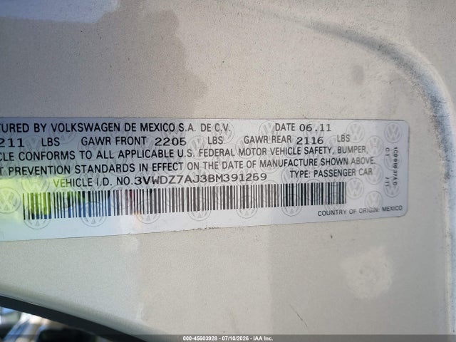 Aukcja sprzedaży 2011 Volkswagen Jetta 2.5l Se, vin: 3VWDZ7AJ3BM391259, numer aukcji: 45603928