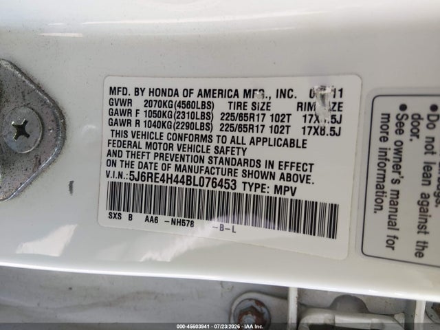 Aukcja sprzedaży 2011 Honda Cr-v Se, vin: 5J6RE4H44BL076453, numer aukcji: 45603941