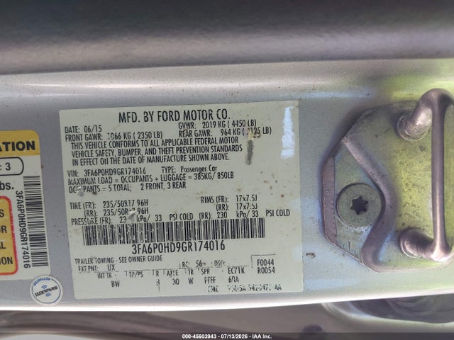 Ford FUSION SE 2016 3FA6P0HD9GR174016 Image 9