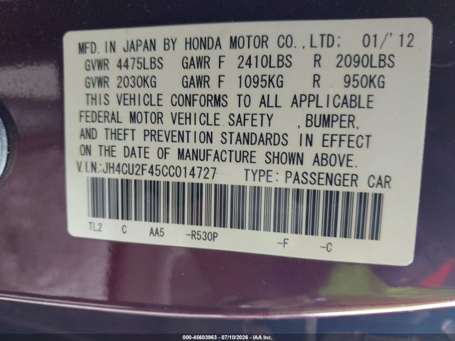 45603963 :رقم المزاد ، JH4CU2F45CC014727 vin ، 2012 Acura Tsx 2.4 مزاد بيع