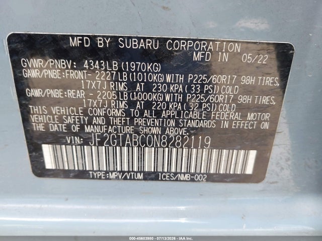 Aukcja sprzedaży 2022 Subaru Crosstrek, vin: JF2GTABC0N8282119, numer aukcji: 45603980
