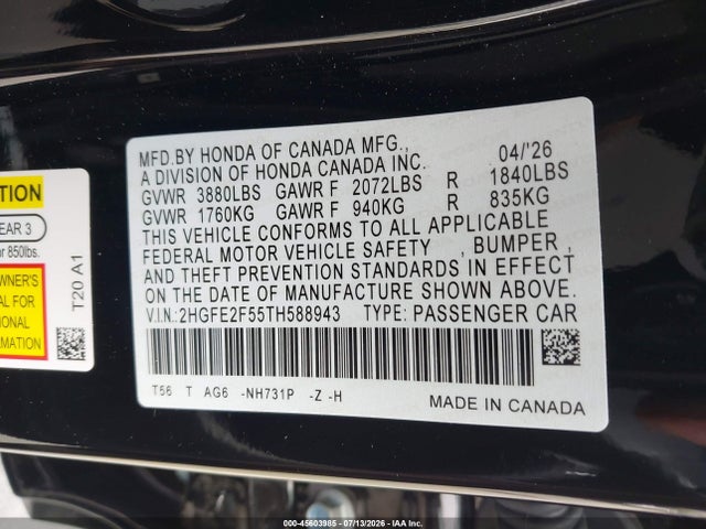 2HGFE2F55TH588943 Honda Civic Sport