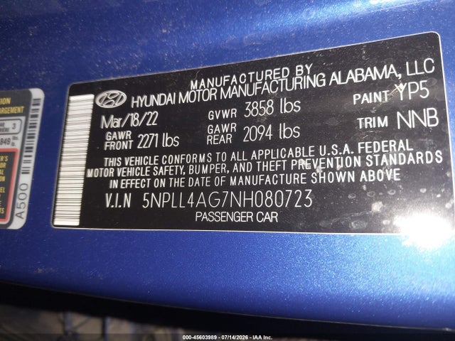 Aukcja sprzedaży 2022 Hyundai Elantra Se, vin: 5NPLL4AG7NH080723, numer aukcji: 45603989