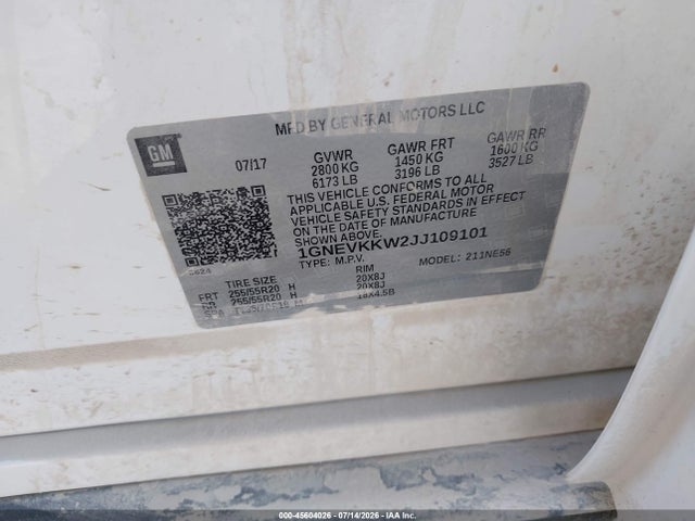 Продажа на аукционе авто 2018 Chevrolet Traverse High Country, vin: 1GNEVKKW2JJ109101, номер лота: 45604026
