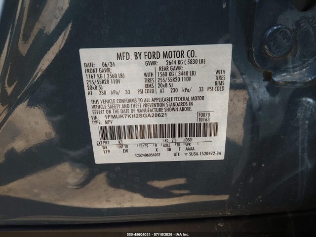 45604031 :رقم المزاد ، 1FMUK7KH2SGA20621 vin ، 2025 Ford Explorer St-line مزاد بيع