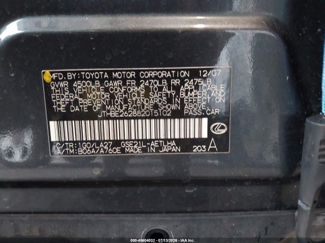 Auction sale of the 2008 Lexus Is 350, vin: JTHBE262882015102, lot number: 45604032