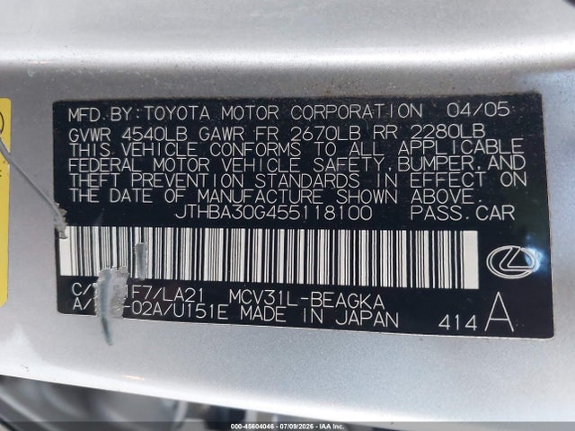 2005 Lexus Es 330 მანქანა იყიდება აუქციონზე, vin: JTHBA30G455118100, აუქციონის ნომერი: 45604046