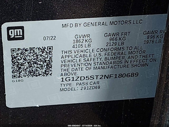 1G1ZD5ST2NF180689 Chevrolet Malibu Fwd Lt