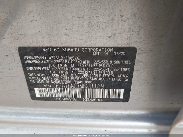 Aukcja sprzedaży 2021 Subaru Crosstrek Limited, vin: JF2GTHNC7M8218839, numer aukcji: 45604061