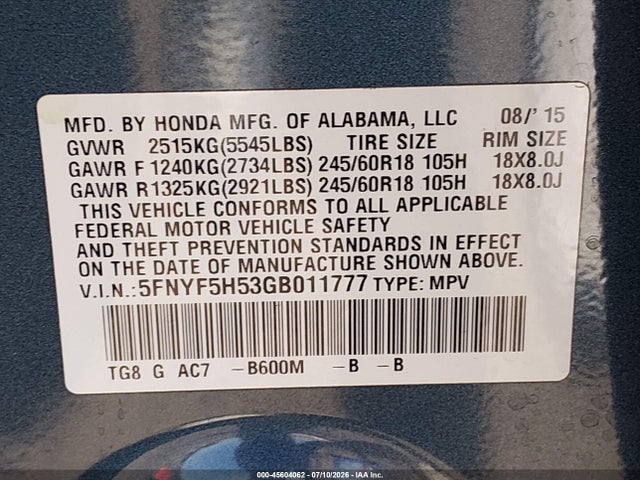 Honda Pilot Ex-l 2016 5FNYF5H53GB011777 Image 9