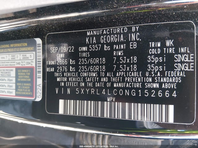 2022 Kia Sorento S მანქანა იყიდება აუქციონზე, vin: 5XYRL4LC0NG152664, აუქციონის ნომერი: 45604070
