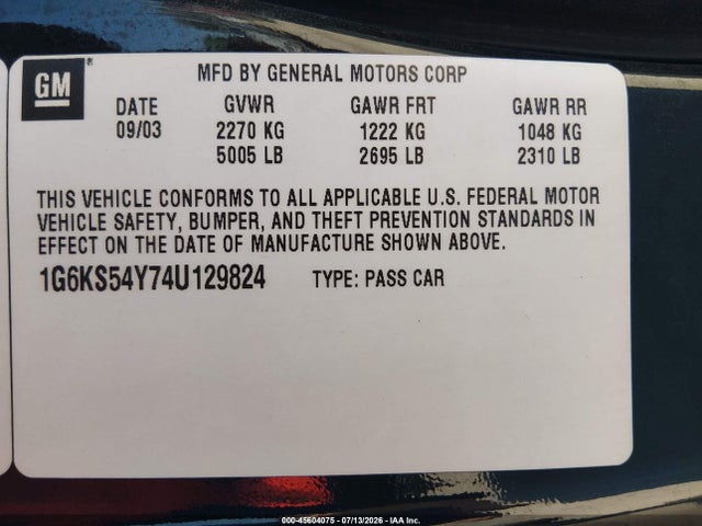 2004 Cadillac Seville Luxury Sls მანქანა იყიდება აუქციონზე, vin: 1G6KS54Y74U129824, აუქციონის ნომერი: 45604075