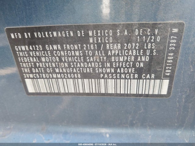 Aukcja sprzedaży 2021 Volkswagen Jetta 1.4t R-line/1.4t Se/s, vin: 3VWC57BU9MM026068, numer aukcji: 45604096