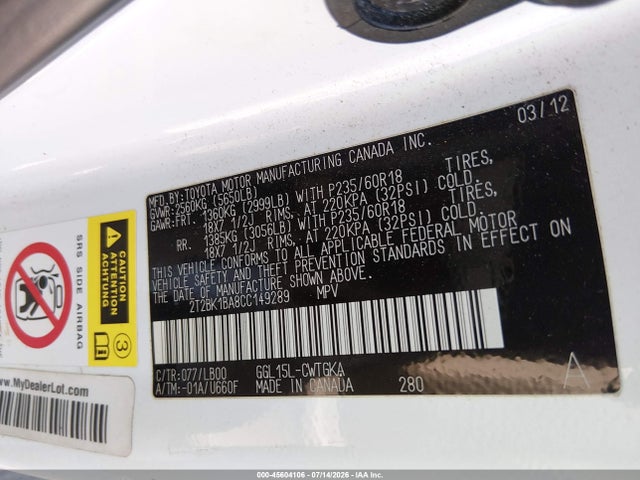 Aukcja sprzedaży 2012 Lexus Rx 350, vin: 2T2BK1BA8CC149289, numer aukcji: 45604106