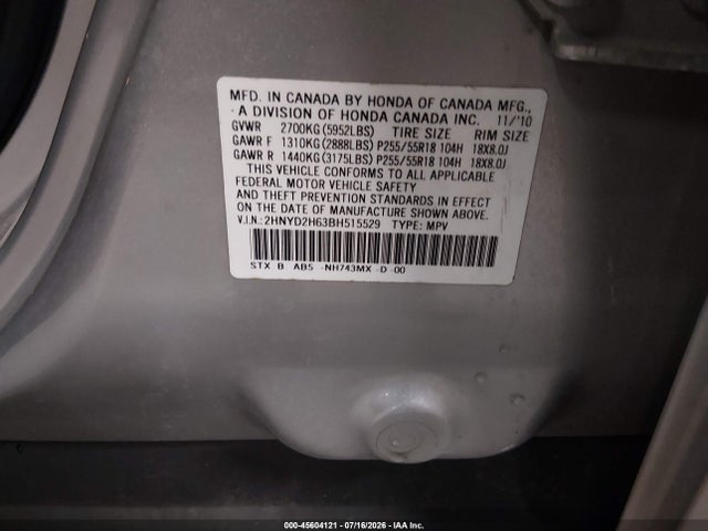Продаж на аукціоні авто 2011 Acura Mdx Technology Package, vin: 2HNYD2H63BH515529, номер лоту: 45604121
