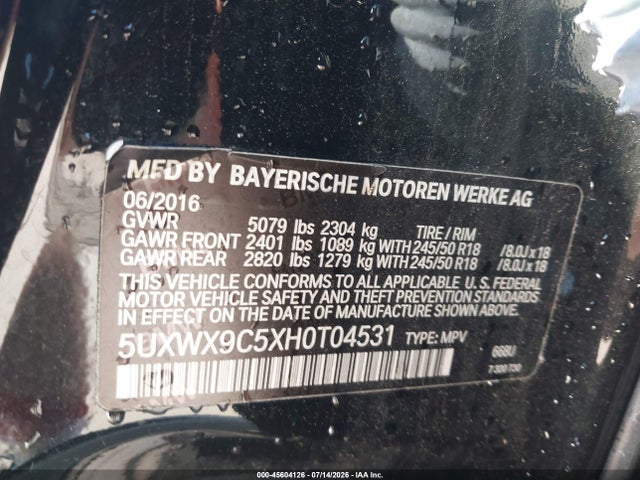 Aukcja sprzedaży 2017 Bmw X3 Xdrive28i, vin: 5UXWX9C5XH0T04531, numer aukcji: 45604126