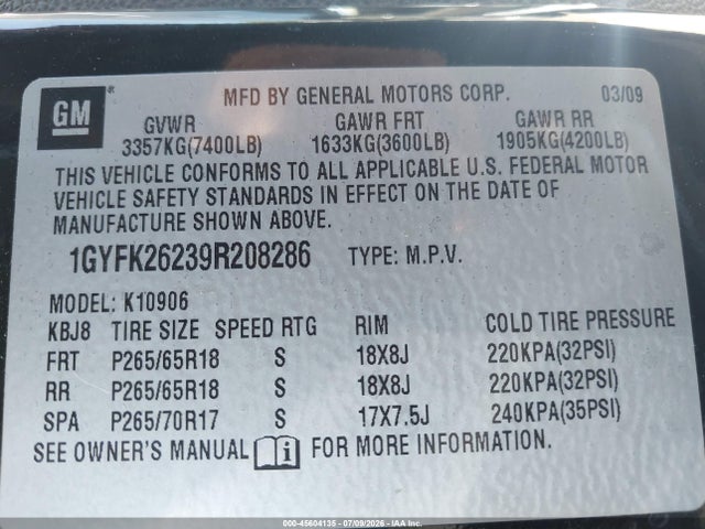 2009 Cadillac Escalade Esv Standard მანქანა იყიდება აუქციონზე, vin: 1GYFK26239R208286, აუქციონის ნომერი: 45604135