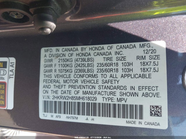 2HKRW2H85MH618029 Honda Cr-v Awd Ex-l