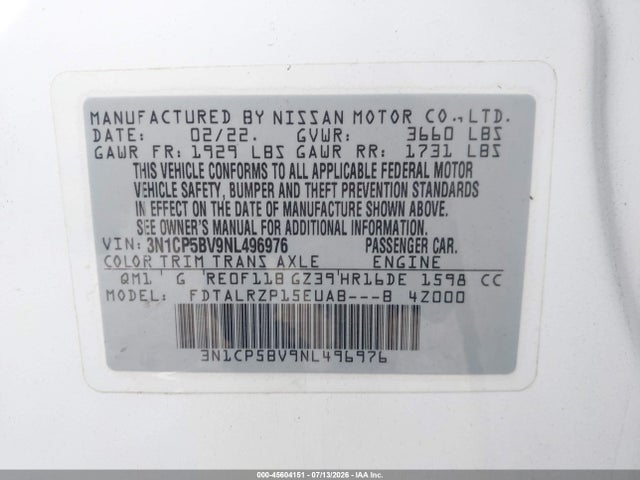2022 Nissan Kicks S Xtronic Cvt მანქანა იყიდება აუქციონზე, vin: 3N1CP5BV9NL496976, აუქციონის ნომერი: 45604151