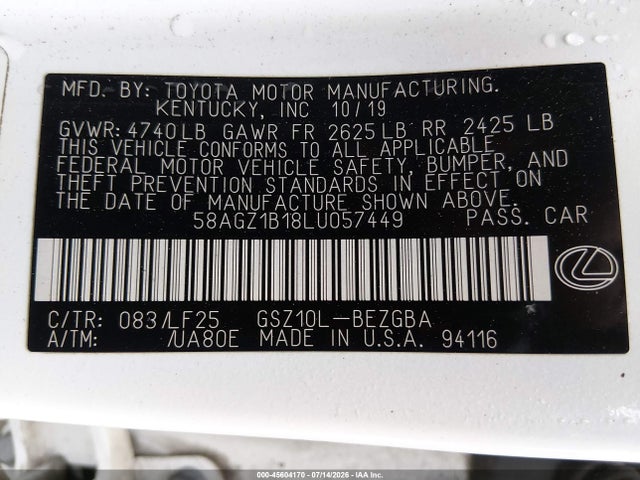 Aukcja sprzedaży 2020 Lexus Es 350 F Sport, vin: 58AGZ1B18LU057449, numer aukcji: 45604170