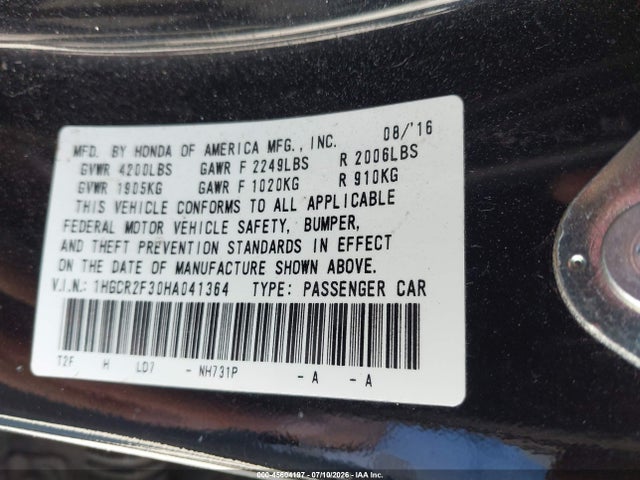 Honda ACCORD LX 2017 1HGCR2F30HA041364 Image 9