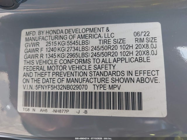 Продажа на аукционе авто 2022 Honda Pilot 2wd Sport, vin: 5FNYF5H32NB029070, номер лота: 45604214