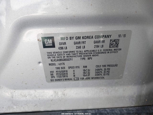 2016 Buick Encore მანქანა იყიდება აუქციონზე, vin: KL4CJASB5GB550351, აუქციონის ნომერი: 45604215