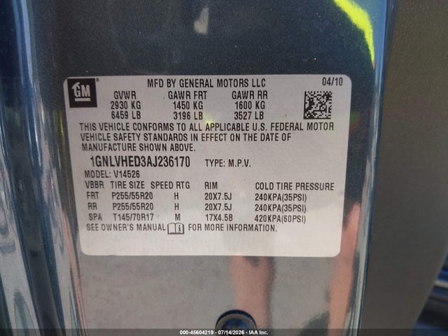 Продаж на аукціоні авто 2010 Chevrolet Traverse Ltz, vin: 1GNLVHED3AJ236170, номер лоту: 45604219