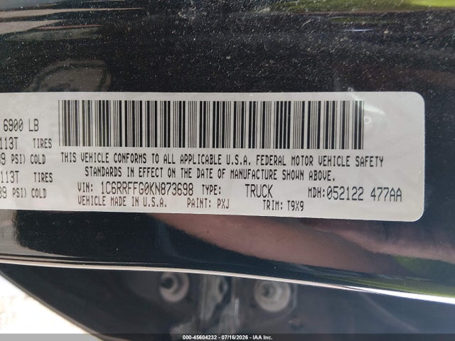 45604232 :رقم المزاد ، 1C6RRFFG0KN873698 vin ، 2019 Ram 1500 Big Horn/lone Star  4x4 5'7 Box مزاد بيع