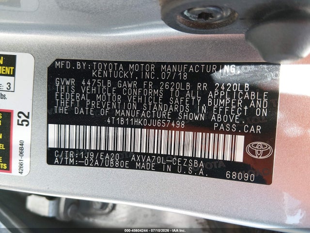 Toyota CAMRY SE 2018 4T1B11HK0JU657498 Image 9