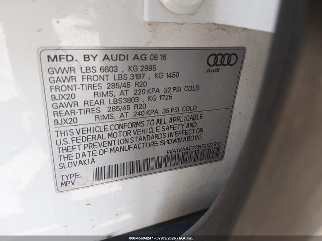Aukcja sprzedaży 2017 Audi Q7 3.0t Premium, vin: WA1VAAF72HD027812, numer aukcji: 45604247