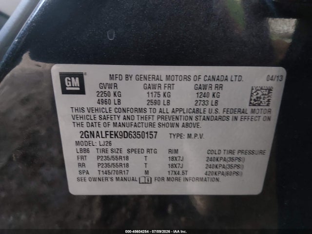 45604254 :رقم المزاد ، 2GNALFEK9D6350157 vin ، 2013 Chevrolet Equinox Ltz مزاد بيع