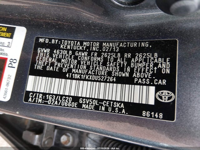 45604260 :رقم المزاد ، 4T1BK1FKXDU527264 vin ، 2013 Toyota Camry Se V6 مزاد بيع