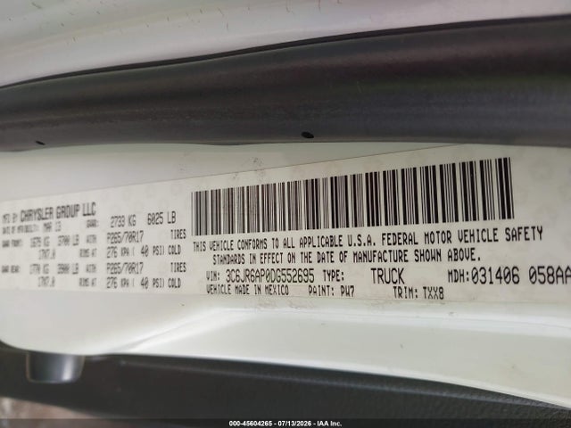 Продажа на аукционе авто 2013 Ram 1500 Tradesman, vin: 3C6JR6AP0DG552695, номер лота: 45604265