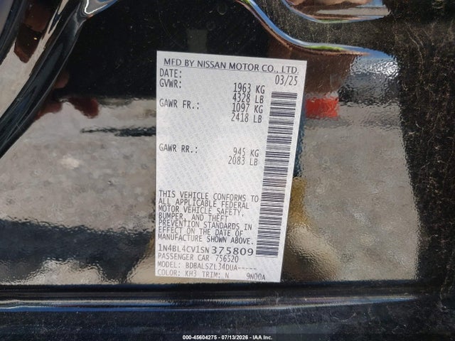 Auction sale of the 2025 Nissan Altima Sr Fwd, vin: 1N4BL4CV1SN375809, lot number: 45604275