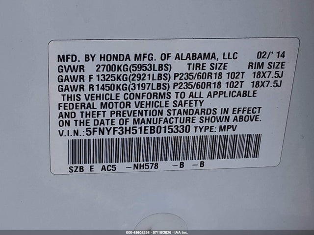 Honda Pilot Ex-l 2014 5FNYF3H51EB015330 Image 9