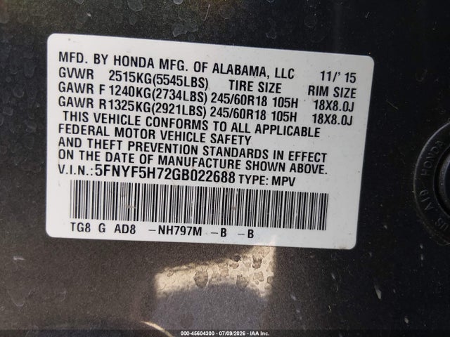 Honda Pilot Ex-l 2016 5FNYF5H72GB022688 Image 9