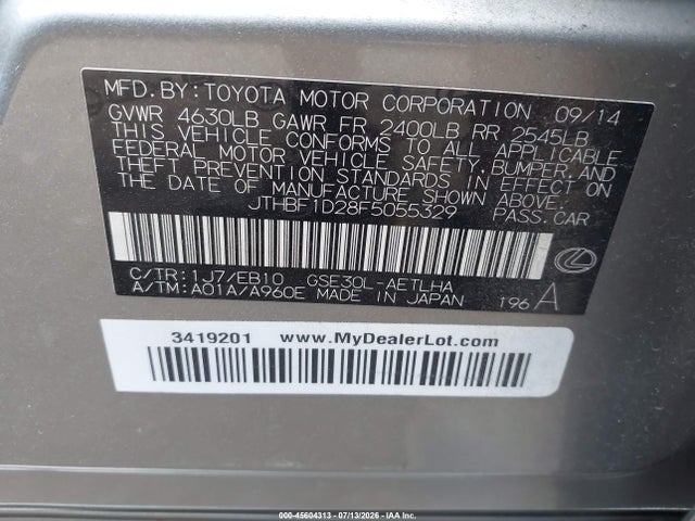 45604313 :رقم المزاد ، JTHBF1D28F5055329 vin ، 2015 Lexus Is 250 مزاد بيع