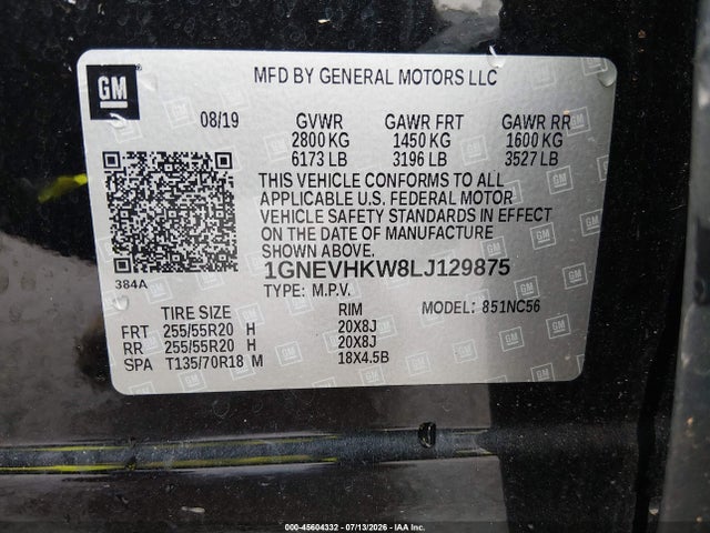 45604332 :رقم المزاد ، 1GNEVHKW8LJ129875 vin ، 2020 Chevrolet Traverse Awd Lt Leather مزاد بيع