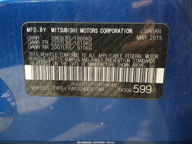 45604338 :رقم المزاد ، JA32U2FU1FU019045 vin ، 2015 Mitsubishi Lancer Es مزاد بيع