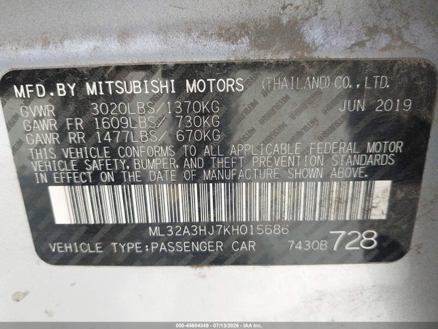 45604349 :رقم المزاد ، ML32A3HJ7KH015686 vin ، 2019 Mitsubishi Mirage Es مزاد بيع