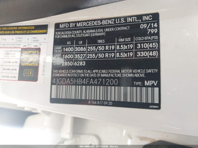 45604357 :رقم المزاد ، 4JGDA5HB4FA471200 vin ، 2015 Mercedes-benz Ml 350 4matic مزاد بيع