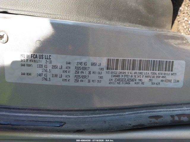 45604358 :رقم المزاد ، 2C4RDGEG5JR250674 vin ، 2018 Dodge Grand Caravan Gt مزاد بيع