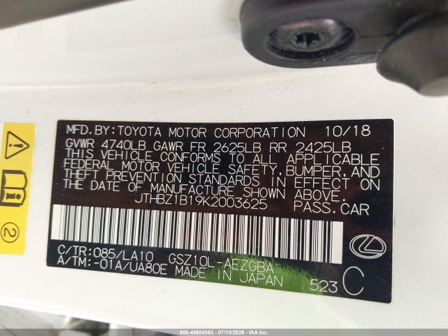 Aukcja sprzedaży 2019 Lexus Es 350, vin: JTHBZ1B19K2003625, numer aukcji: 45604362