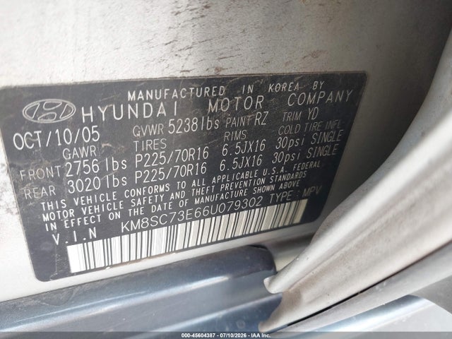 2006 Hyundai Santa Fe Gls/limited მანქანა იყიდება აუქციონზე, vin: KM8SC73E66U079302, აუქციონის ნომერი: 45604387