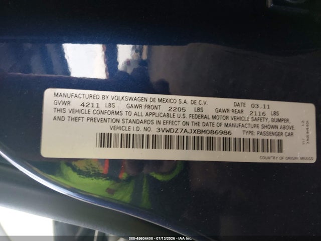 Продаж на аукціоні авто 2011 Volkswagen Jetta 2.5l Se, vin: 3VWDZ7AJXBM086986, номер лоту: 45604408