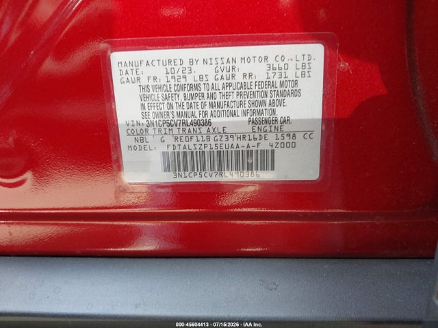 3N1CP5CV7RL490386 Nissan Kicks Sv Xtronic Cvt