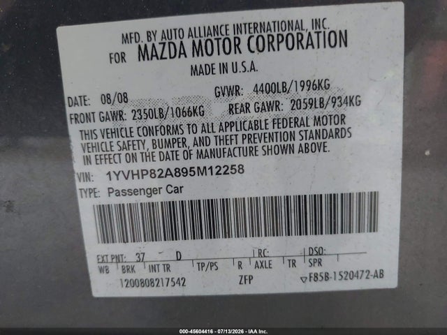 Aukcja sprzedaży 2009 Mazda Mazda6 I Grand Touring, vin: 1YVHP82A895M12258, numer aukcji: 45604416