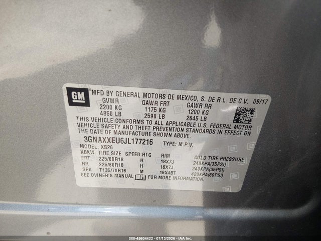 45604422 :رقم المزاد ، 3GNAXXEU6JL177216 vin ، 2018 Chevrolet Equinox Premier مزاد بيع